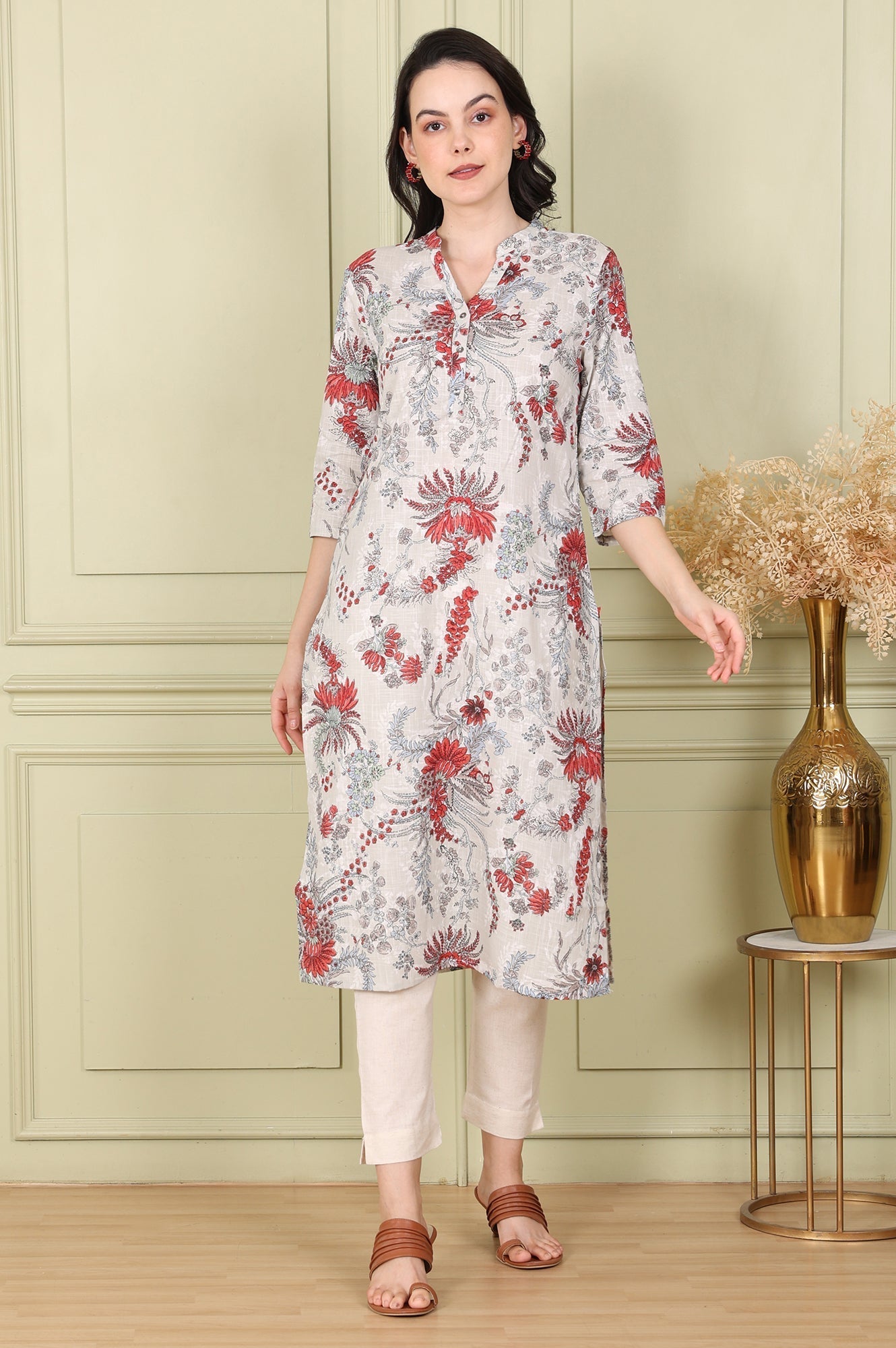 W for Woman White Floral Printed Pure Cotton Straight Kurta