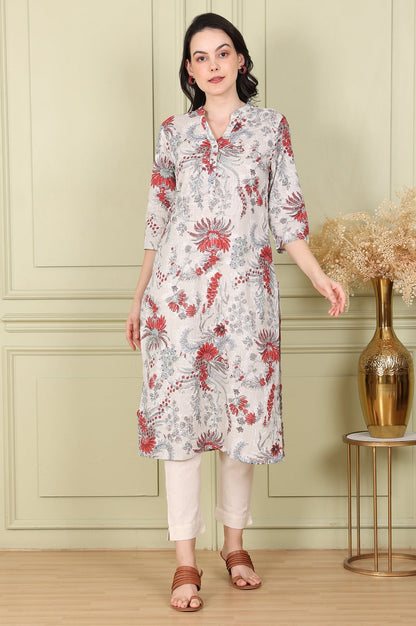 W for Woman White Floral Printed Pure Cotton Straight Kurta