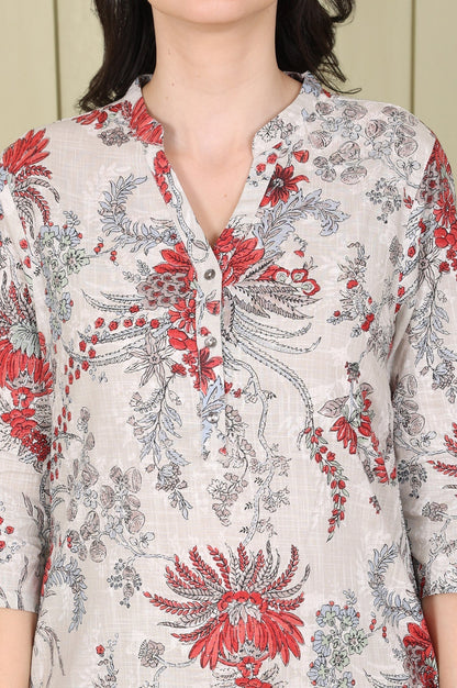 W for Woman White Floral Printed Pure Cotton Straight Kurta