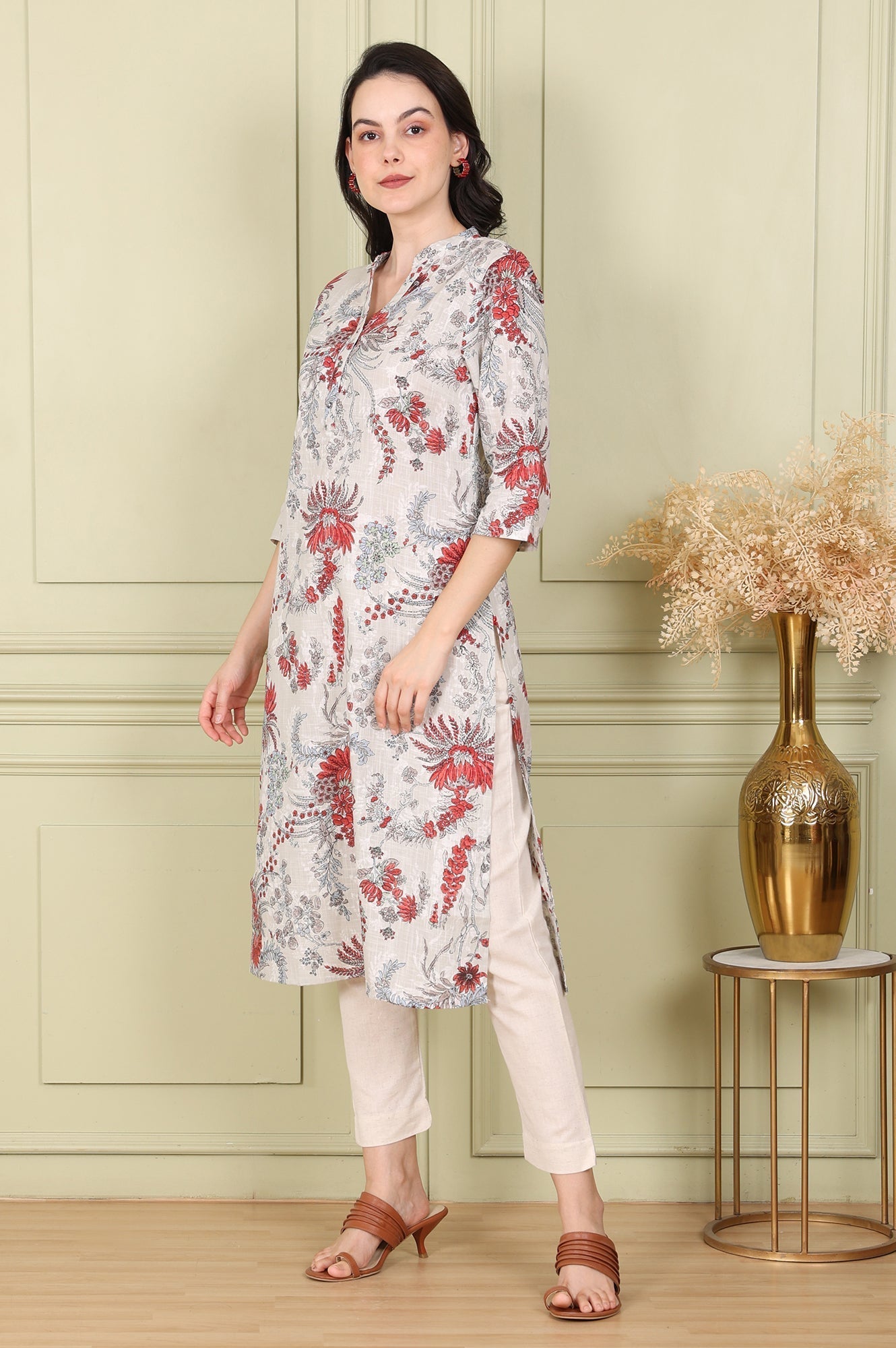 W for Woman White Floral Printed Pure Cotton Straight Kurta