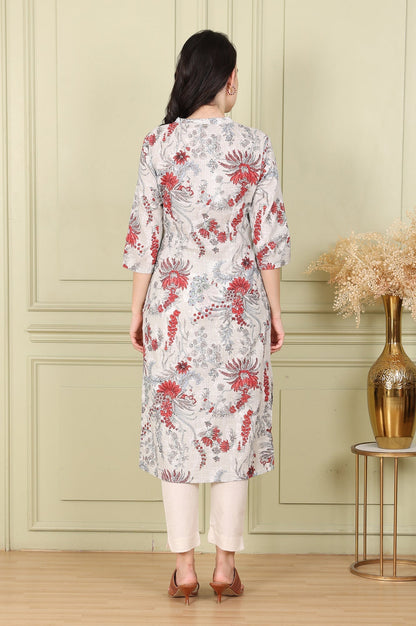 W for Woman White Floral Printed Pure Cotton Straight Kurta