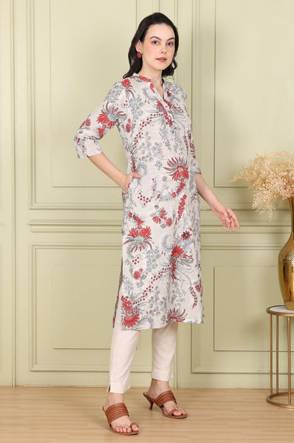W for Woman White Floral Printed Pure Cotton Straight Kurta