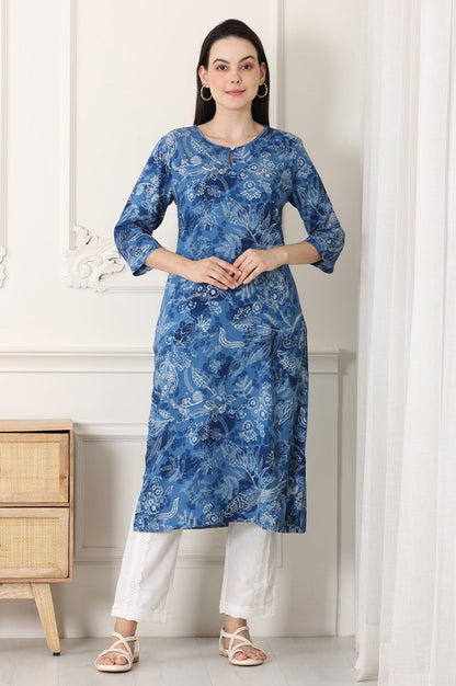 W for Woman Indigo Blue Bird And Floral Printed Straight Kurta