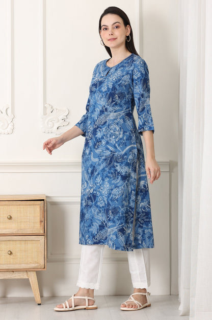 W for Woman Indigo Blue Bird And Floral Printed Straight Kurta