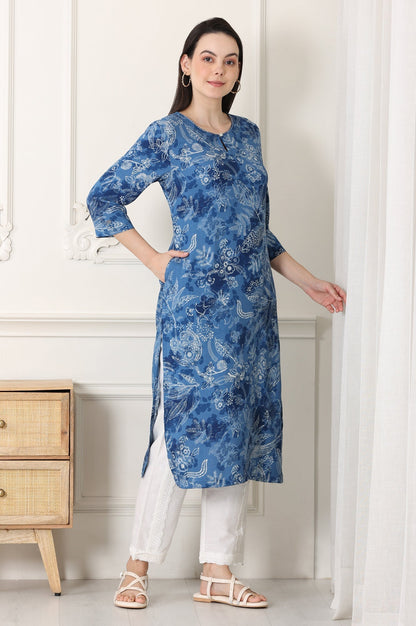 W for Woman Indigo Blue Bird And Floral Printed Straight Kurta