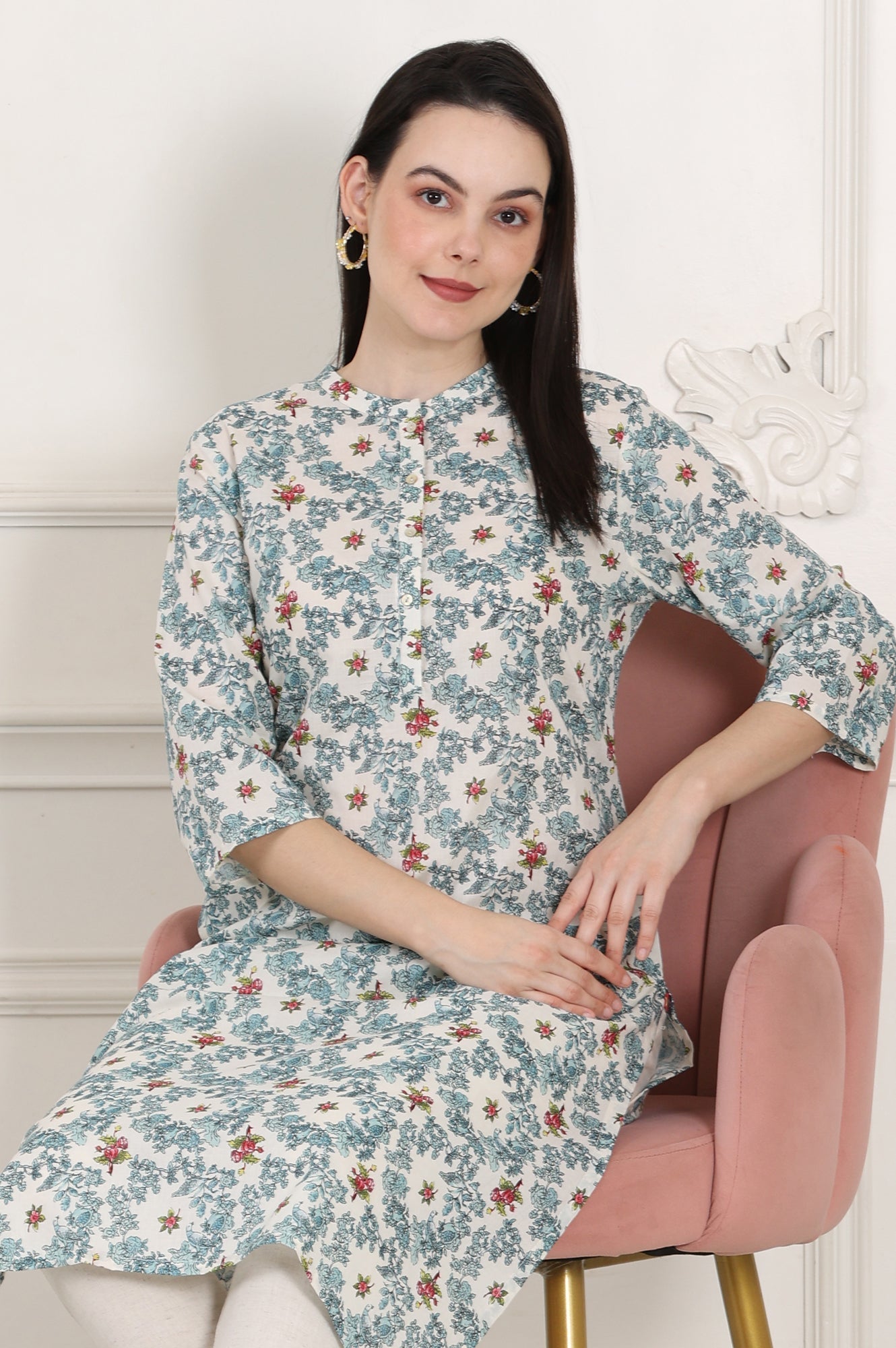 W for Woman White Mandarin Collar Pure Cotton Straight Kurta With Green & Orange Floral Print