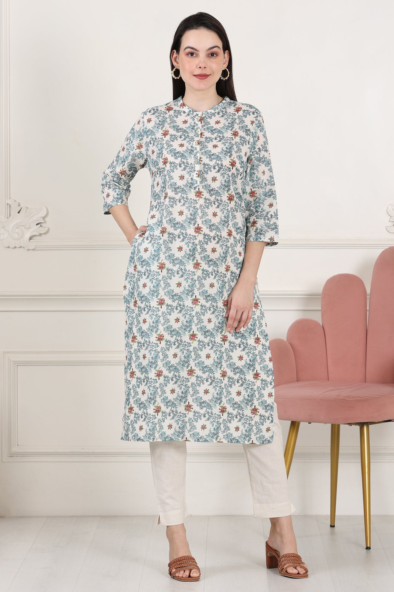 W for Woman White Mandarin Collar Pure Cotton Straight Kurta With Green & Orange Floral Print