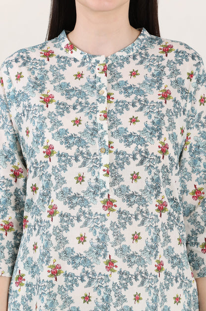 W for Woman White Mandarin Collar Pure Cotton Straight Kurta With Green & Orange Floral Print