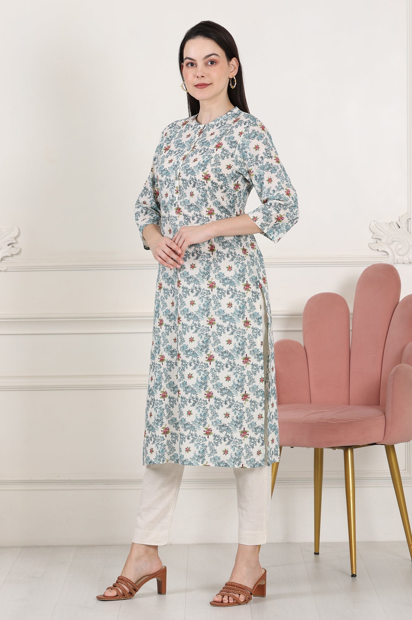 W for Woman White Mandarin Collar Pure Cotton Straight Kurta With Green & Orange Floral Print