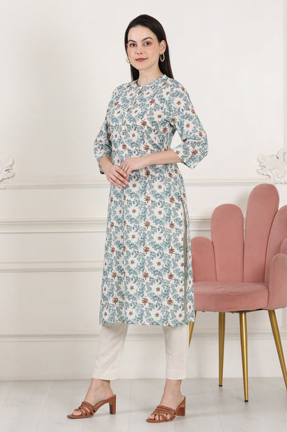 W for Woman White Mandarin Collar Pure Cotton Straight Kurta With Green & Orange Floral Print