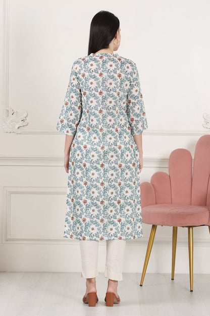 W for Woman White Mandarin Collar Pure Cotton Straight Kurta With Green & Orange Floral Print