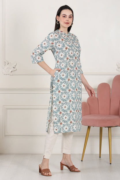 W for Woman White Mandarin Collar Pure Cotton Straight Kurta With Green & Orange Floral Print
