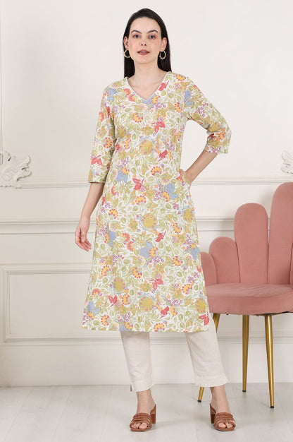 W for Woman White Floral Printed Pure Cotton Straight Kurta With Lace On Neck