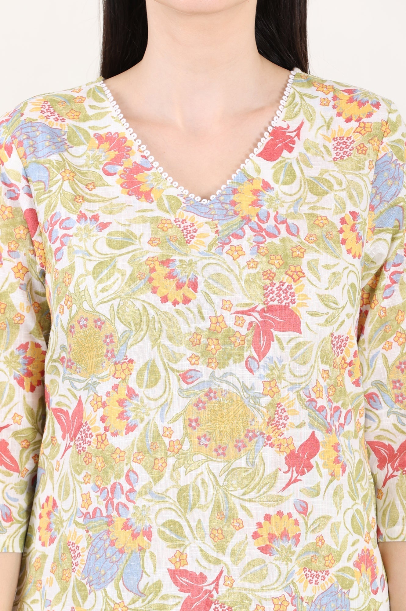 W for Woman White Floral Printed Pure Cotton Straight Kurta With Lace On Neck