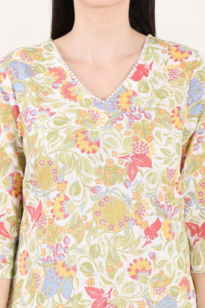 W for Woman White Floral Printed Pure Cotton Straight Kurta With Lace On Neck