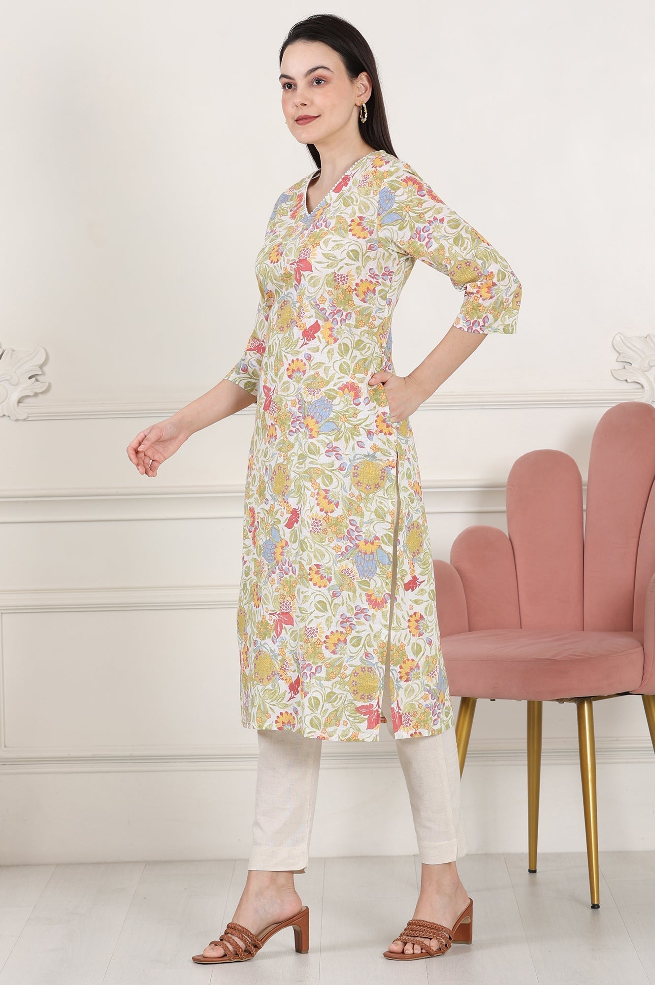 W for Woman White Floral Printed Pure Cotton Straight Kurta With Lace On Neck