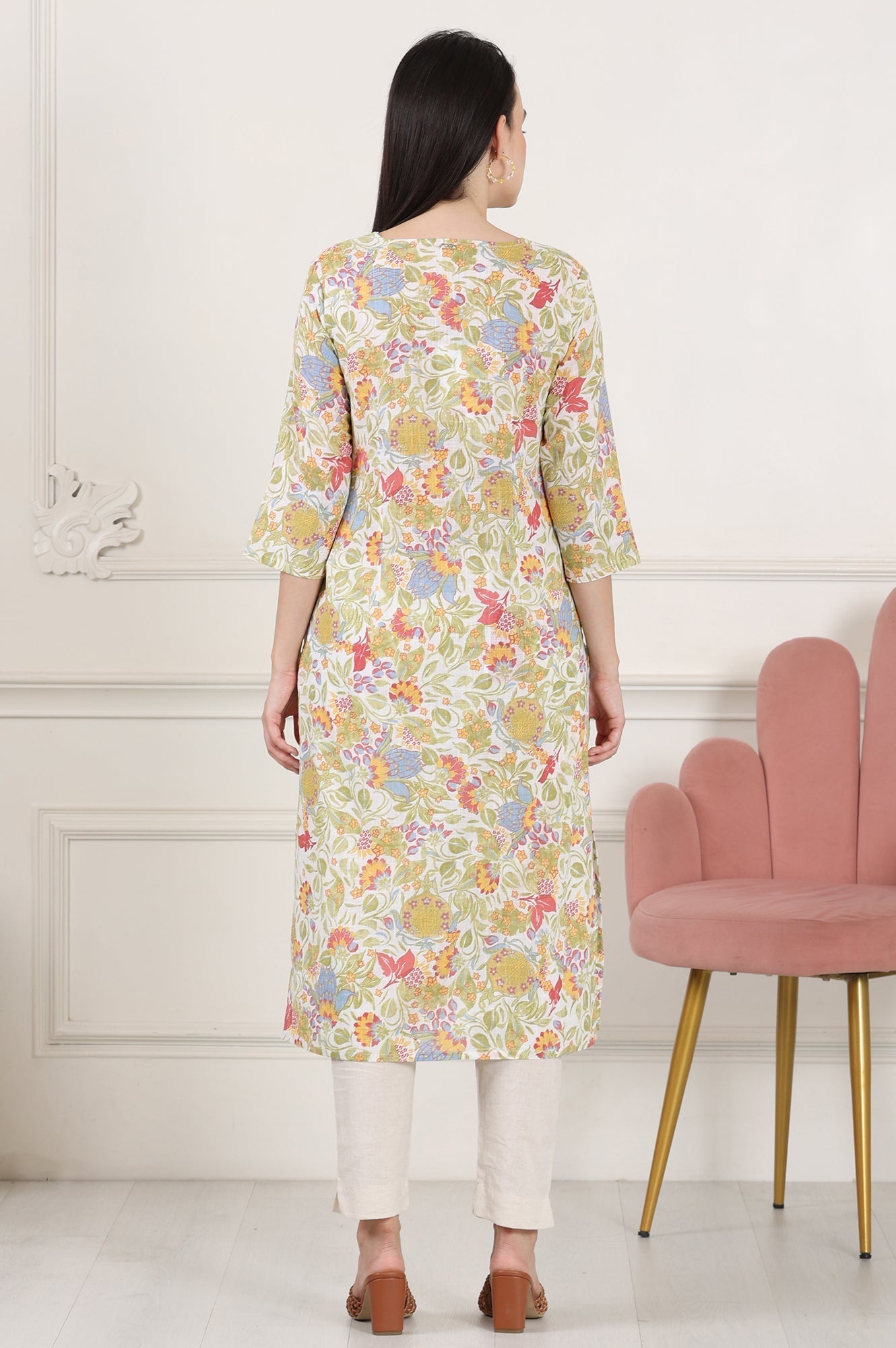 W for Woman White Floral Printed Pure Cotton Straight Kurta With Lace On Neck