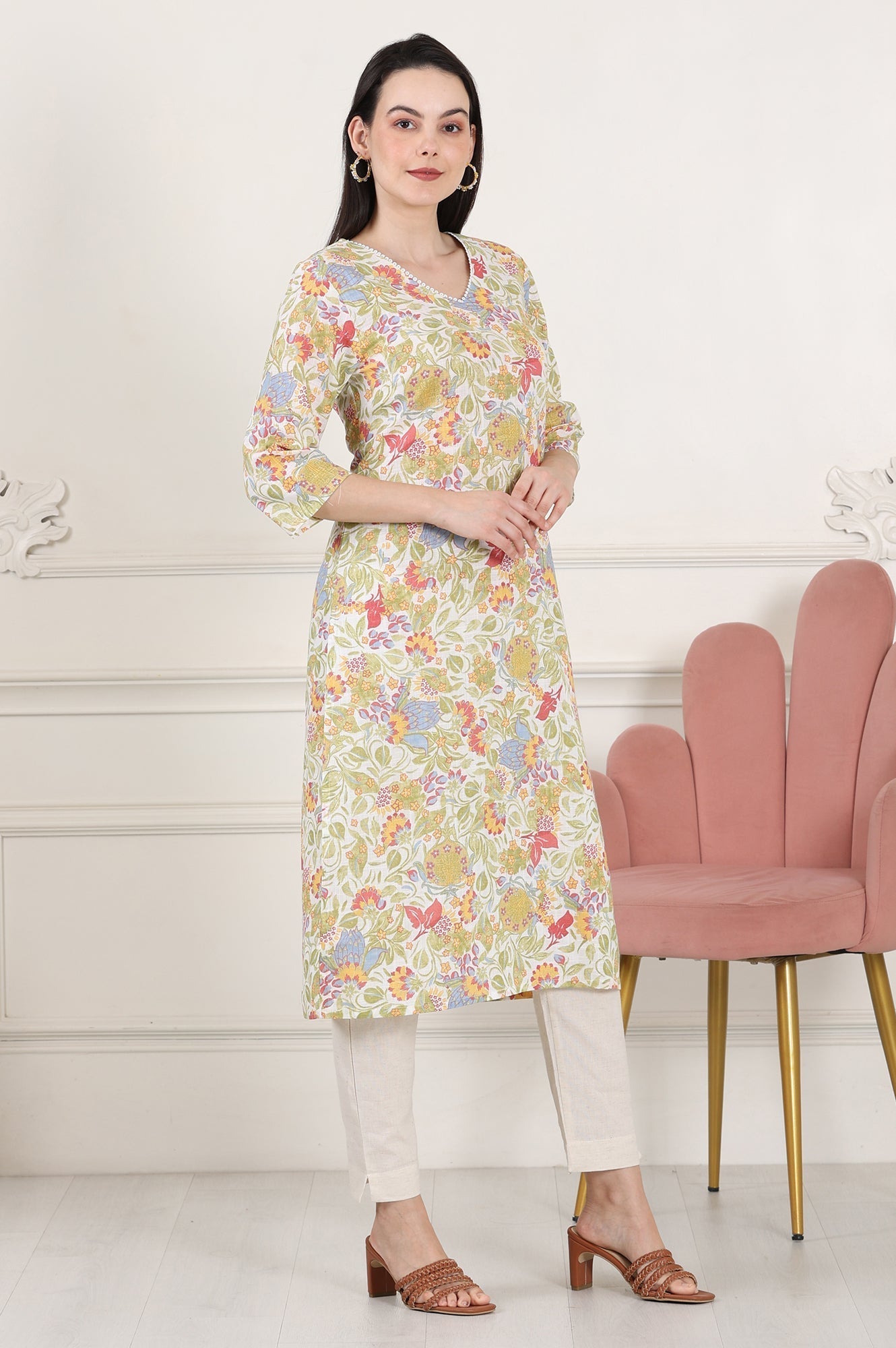 W for Woman White Floral Printed Pure Cotton Straight Kurta With Lace On Neck