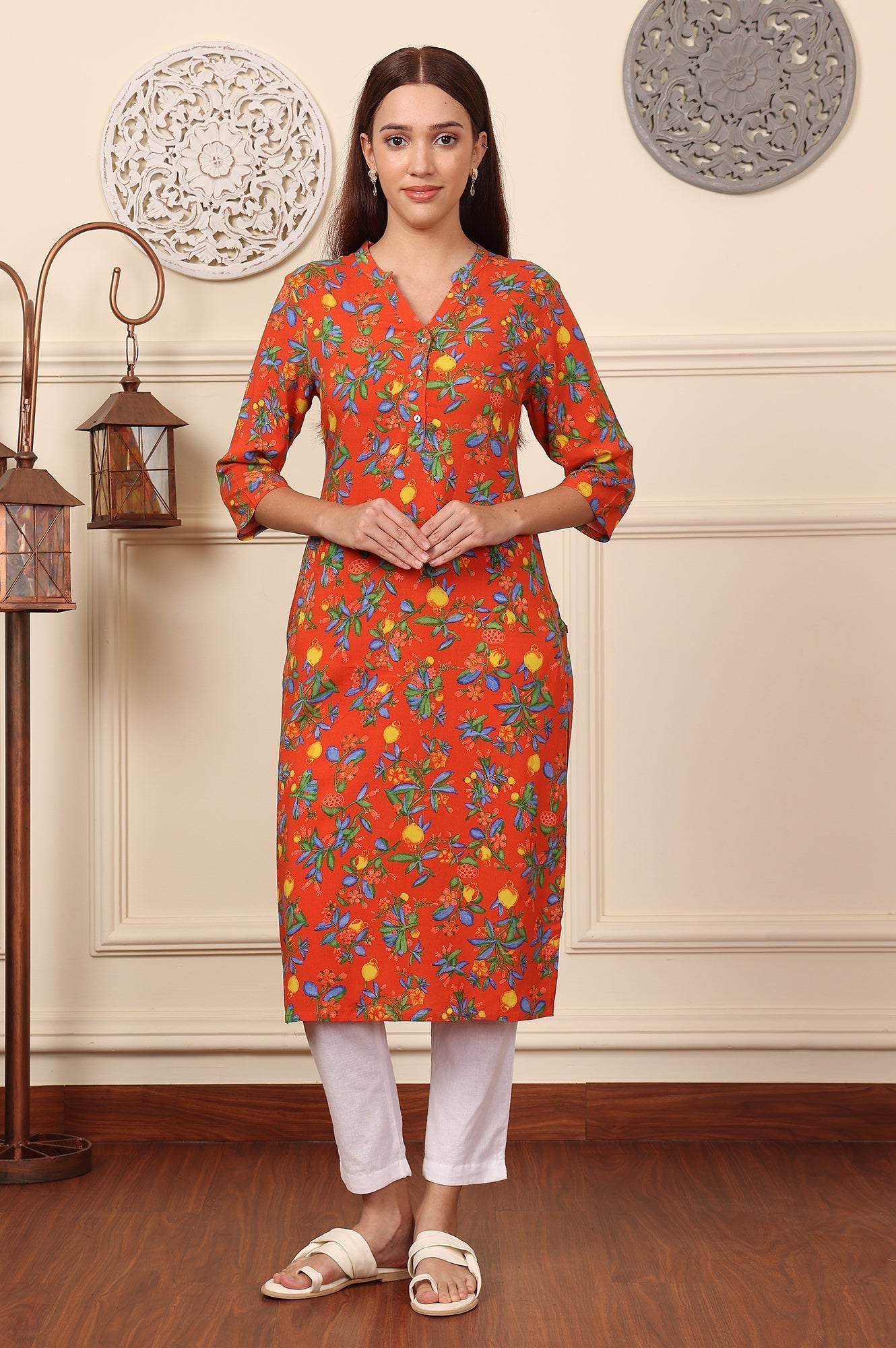 W for Woman Orange Floral Printed Rayon Straight Kurta