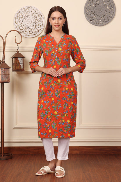 W for Woman Orange Floral Printed Rayon Straight Kurta