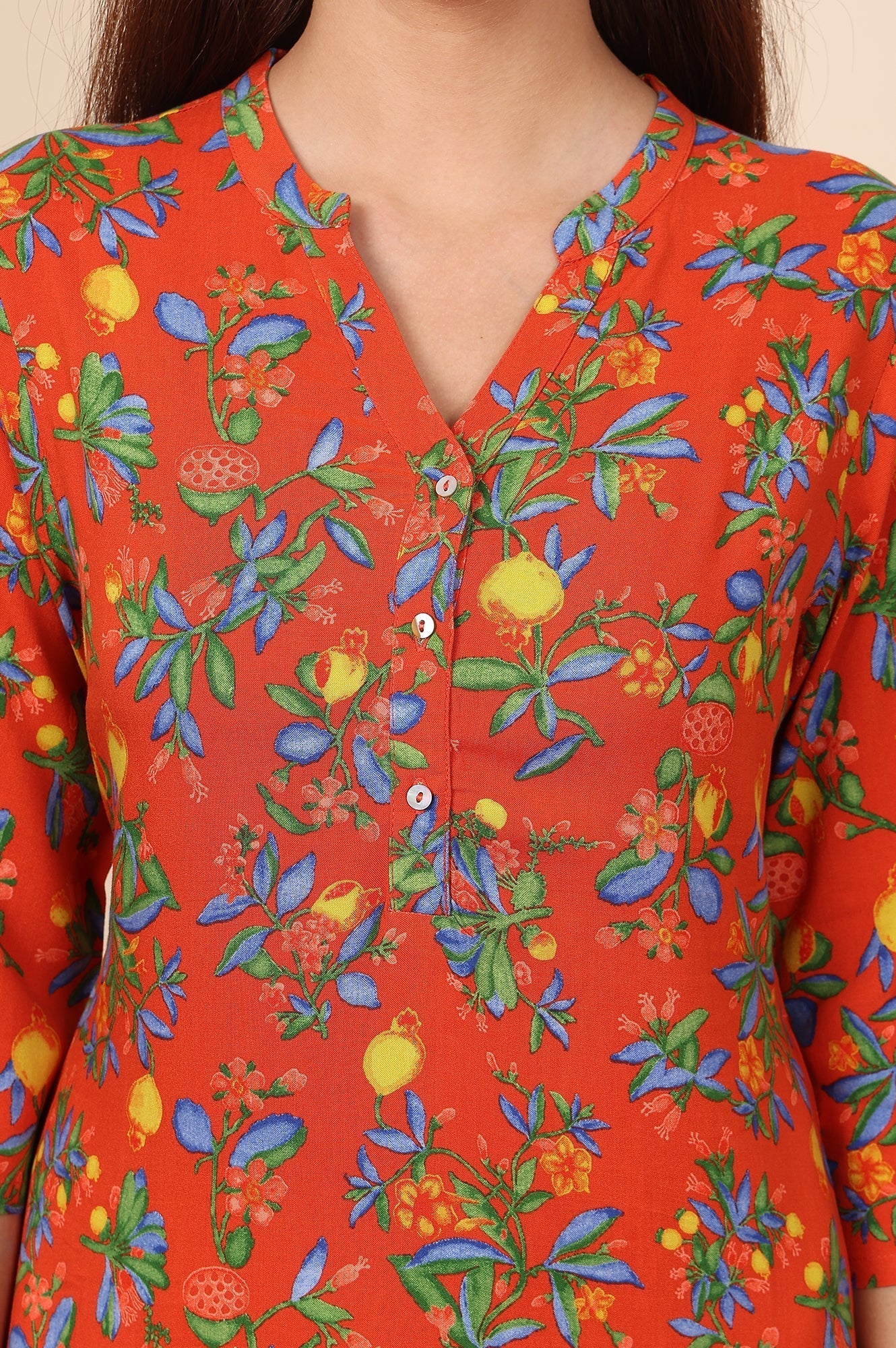 W for Woman Orange Floral Printed Rayon Straight Kurta