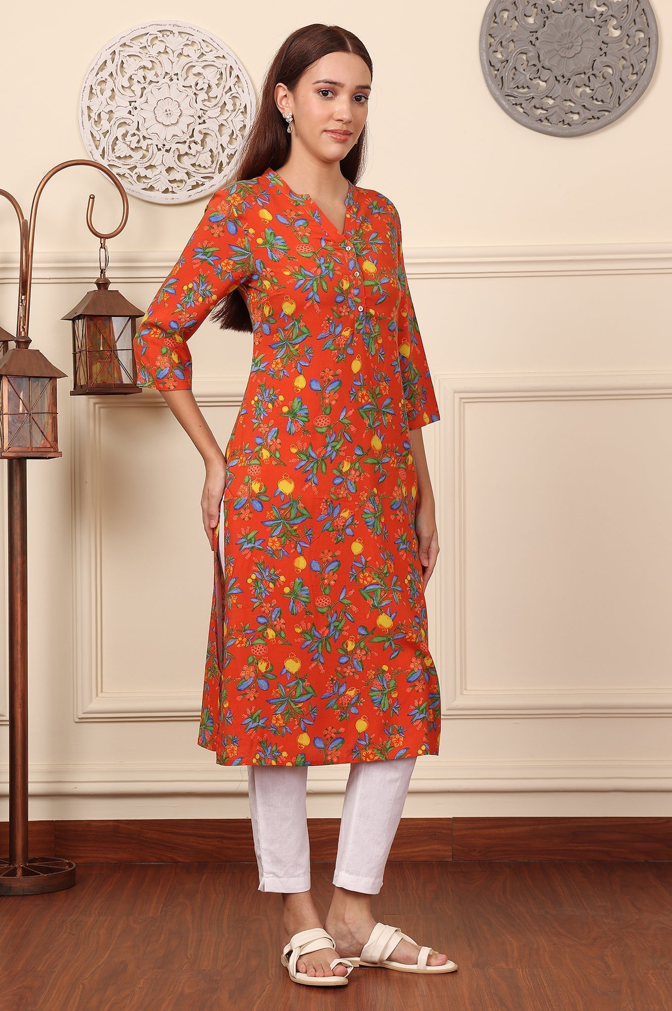 W for Woman Orange Floral Printed Rayon Straight Kurta