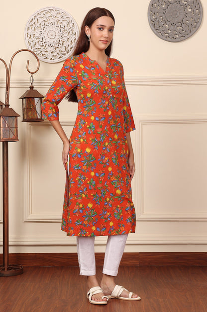 W for Woman Orange Floral Printed Rayon Straight Kurta