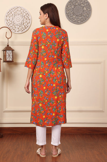 W for Woman Orange Floral Printed Rayon Straight Kurta