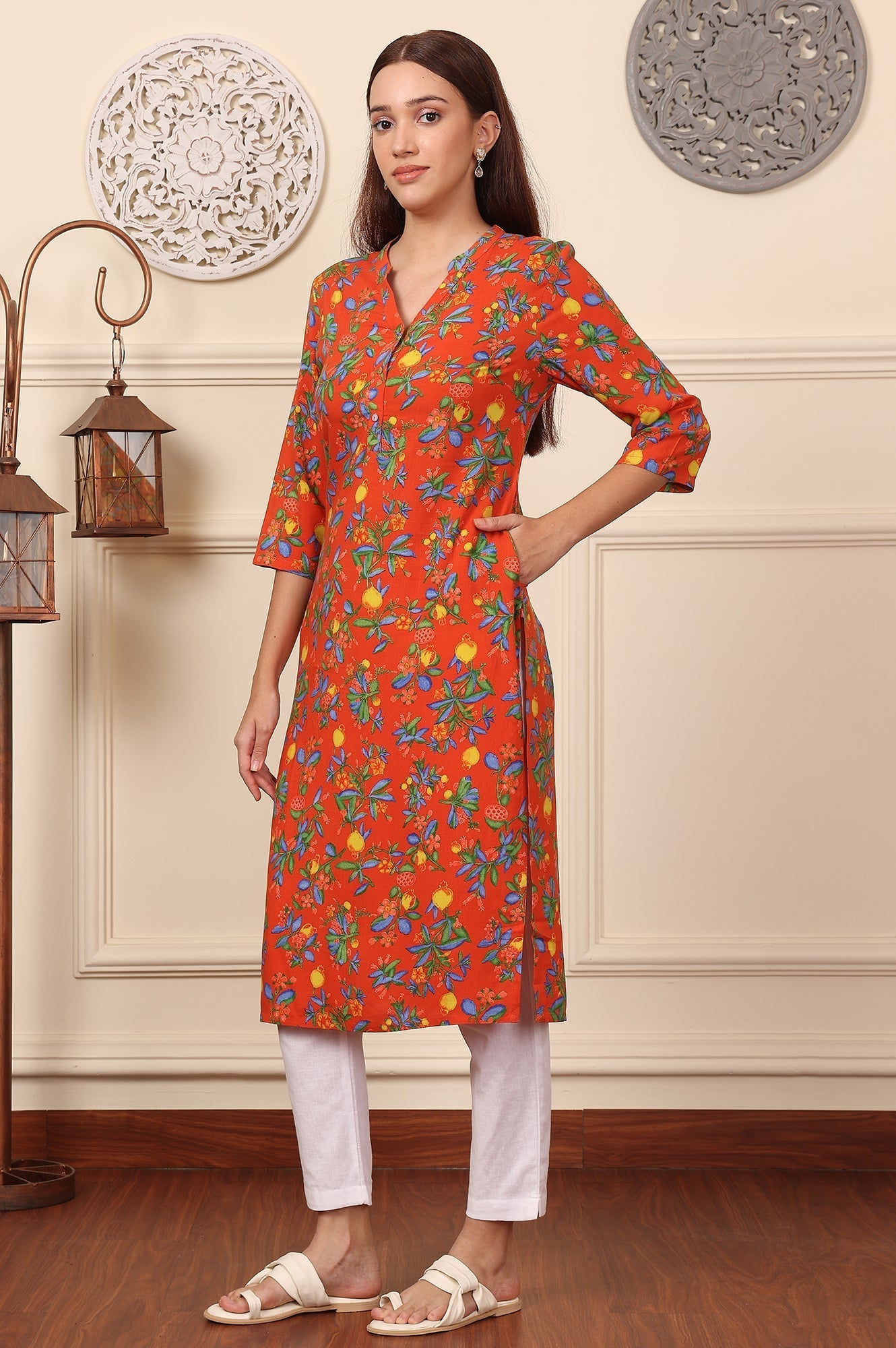 W for Woman Orange Floral Printed Rayon Straight Kurta