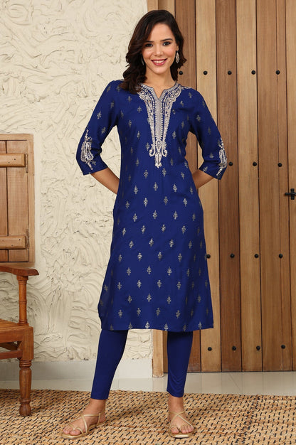 W for Woman Navy Blue Glitter Paisley Printed Straight Kurta With Dori Embroidery On Yoke