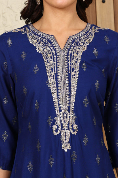 W for Woman Navy Blue Glitter Paisley Printed Straight Kurta With Dori Embroidery On Yoke