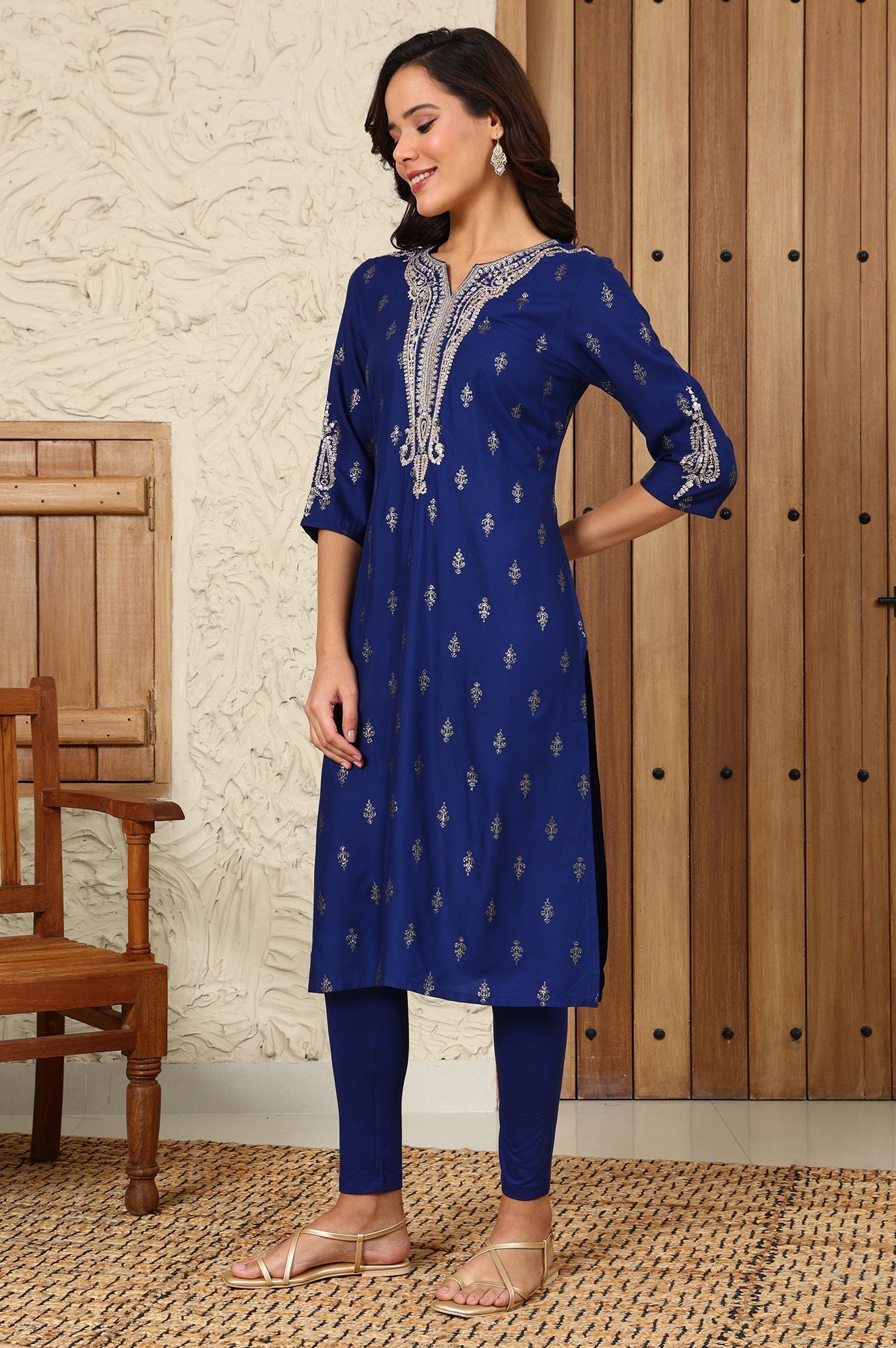 W for Woman Navy Blue Glitter Paisley Printed Straight Kurta With Dori Embroidery On Yoke