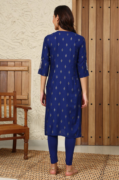 W for Woman Navy Blue Glitter Paisley Printed Straight Kurta With Dori Embroidery On Yoke