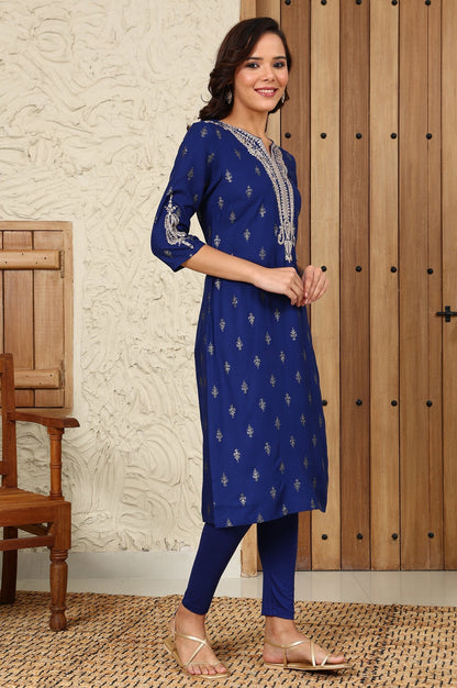 W for Woman Navy Blue Glitter Paisley Printed Straight Kurta With Dori Embroidery On Yoke