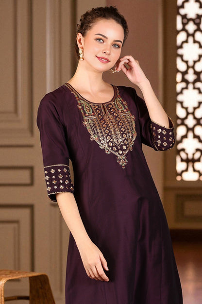 W for Woman Wine Solid Flared Kurta With Embroidered Yoke