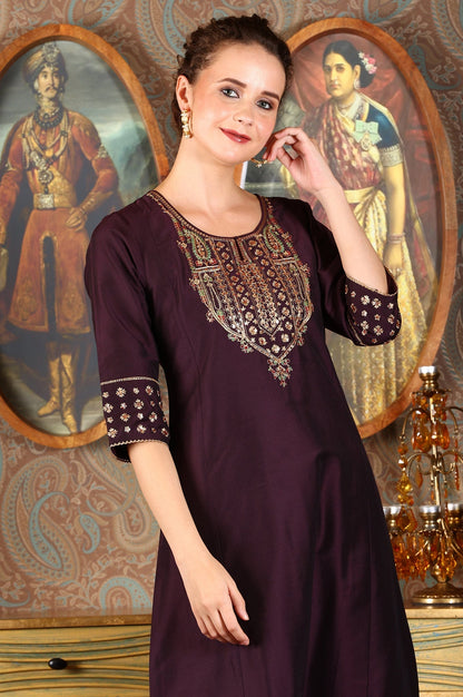 W for Woman Wine Embroidered A-Line Silk Blend Kurta with Straight Pant and Dupatta Set