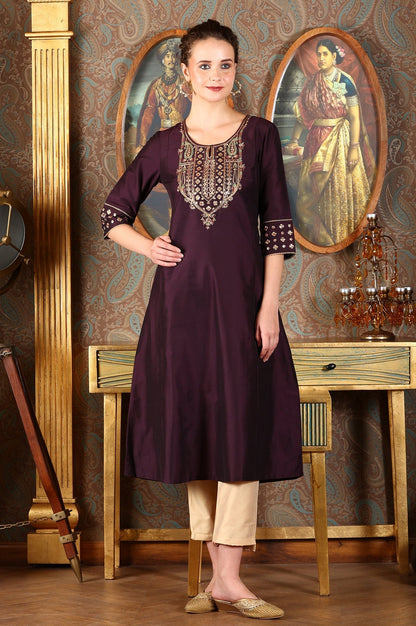 W for Woman Wine Embroidered A-Line Silk Blend Kurta with Straight Pant and Dupatta Set