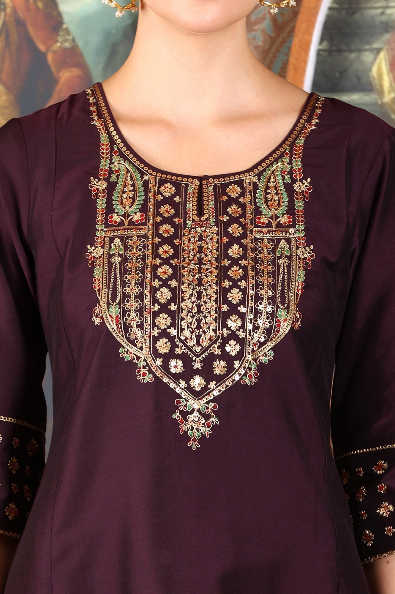 W for Woman Wine Solid Flared Kurta With Embroidered Yoke