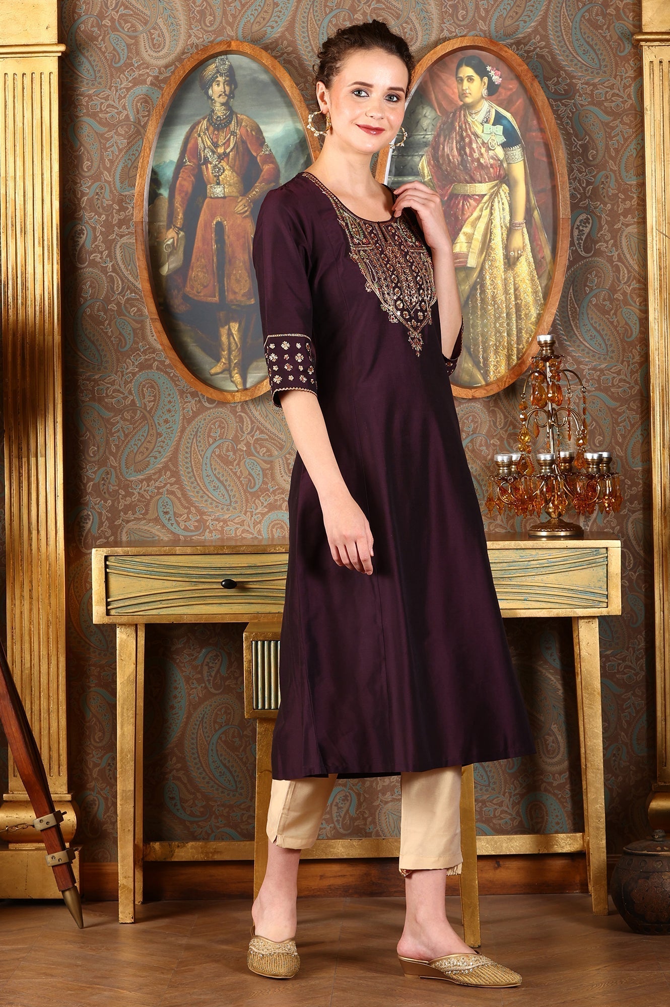 W for Woman Wine Embroidered A-Line Silk Blend Kurta with Straight Pant and Dupatta Set