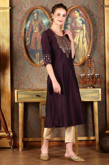 W for Woman Wine Solid Flared Kurta With Embroidered Yoke