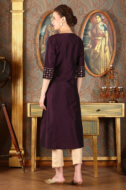 W for Woman Wine Solid Flared Kurta With Embroidered Yoke