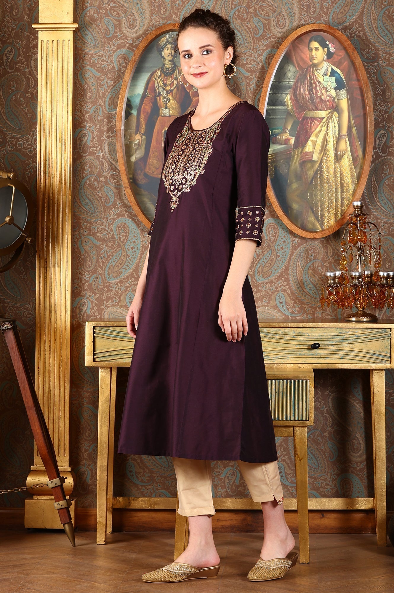 W for Woman Wine Embroidered A-Line Silk Blend Kurta with Straight Pant and Dupatta Set