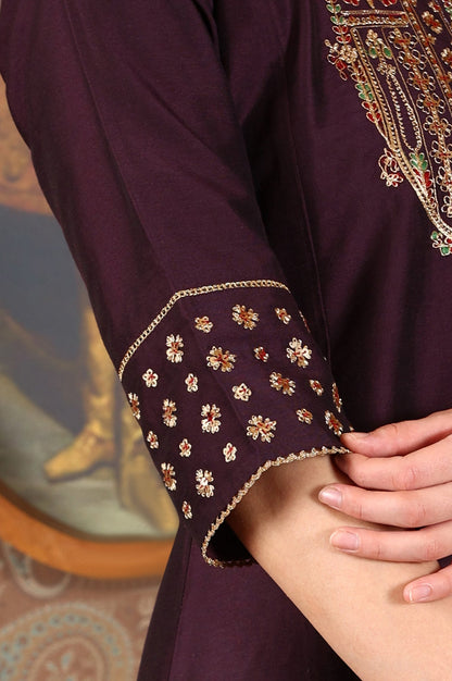 W for Woman Wine Embroidered A-Line Silk Blend Kurta with Straight Pant and Dupatta Set