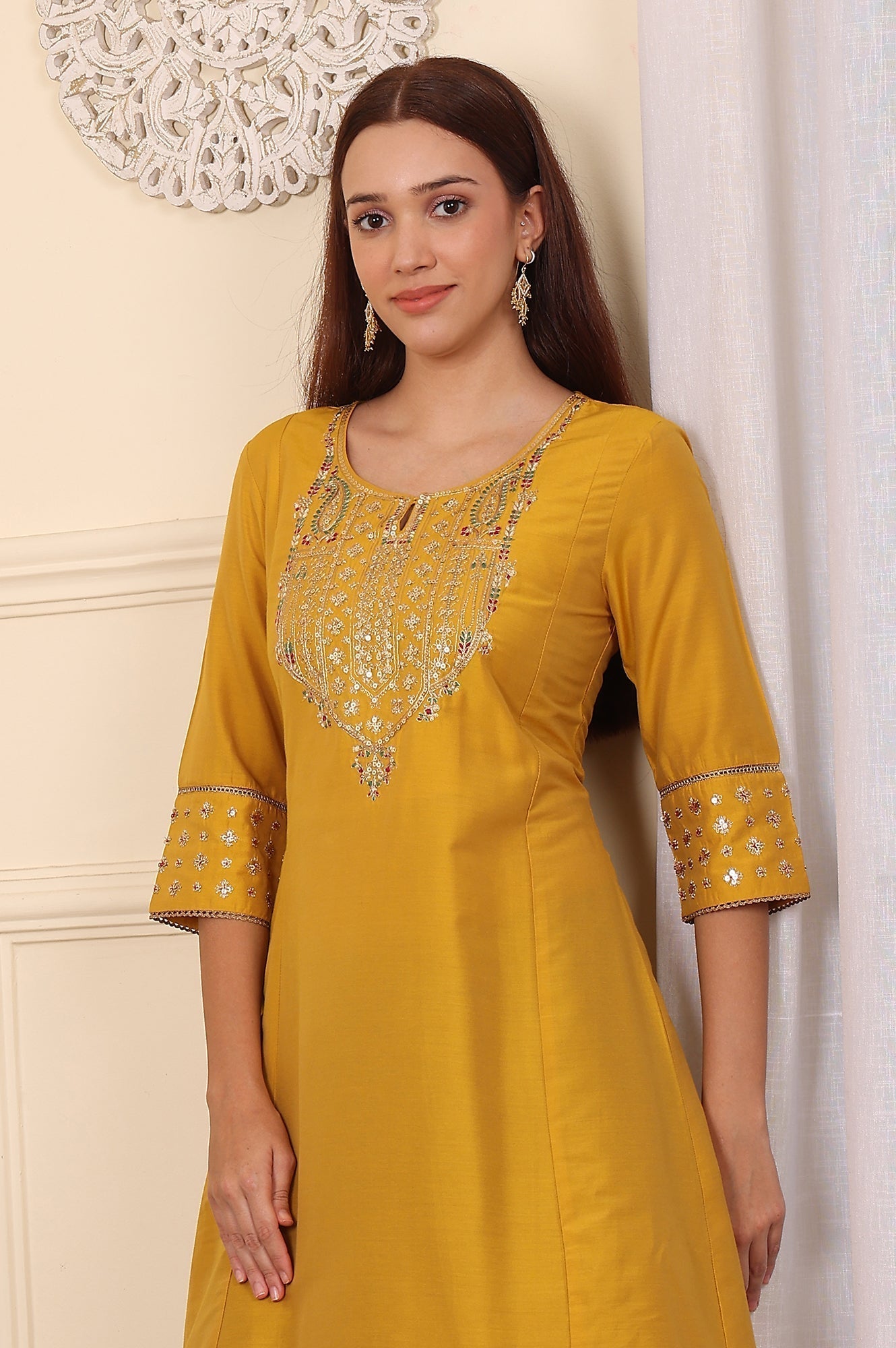W for Woman Yellow Embroidered A-Line Rayon Kurta with Straight Pant and Dupatta Set