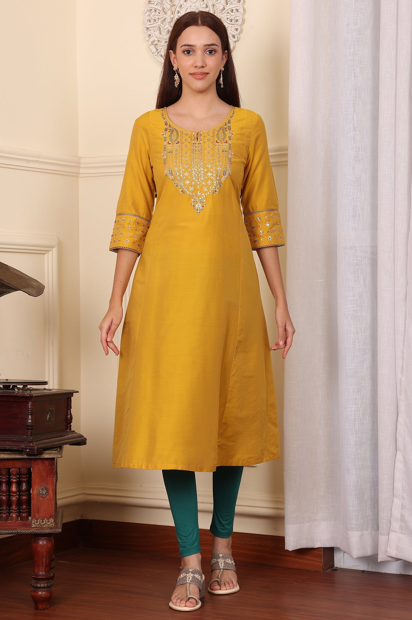 W for Woman Yellow Embroidered A-Line Rayon Kurta with Straight Pant and Dupatta Set