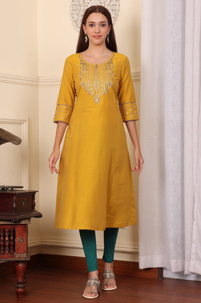 W for Woman Yellow Embroidered A-Line Rayon Kurta with Straight Pant and Dupatta Set