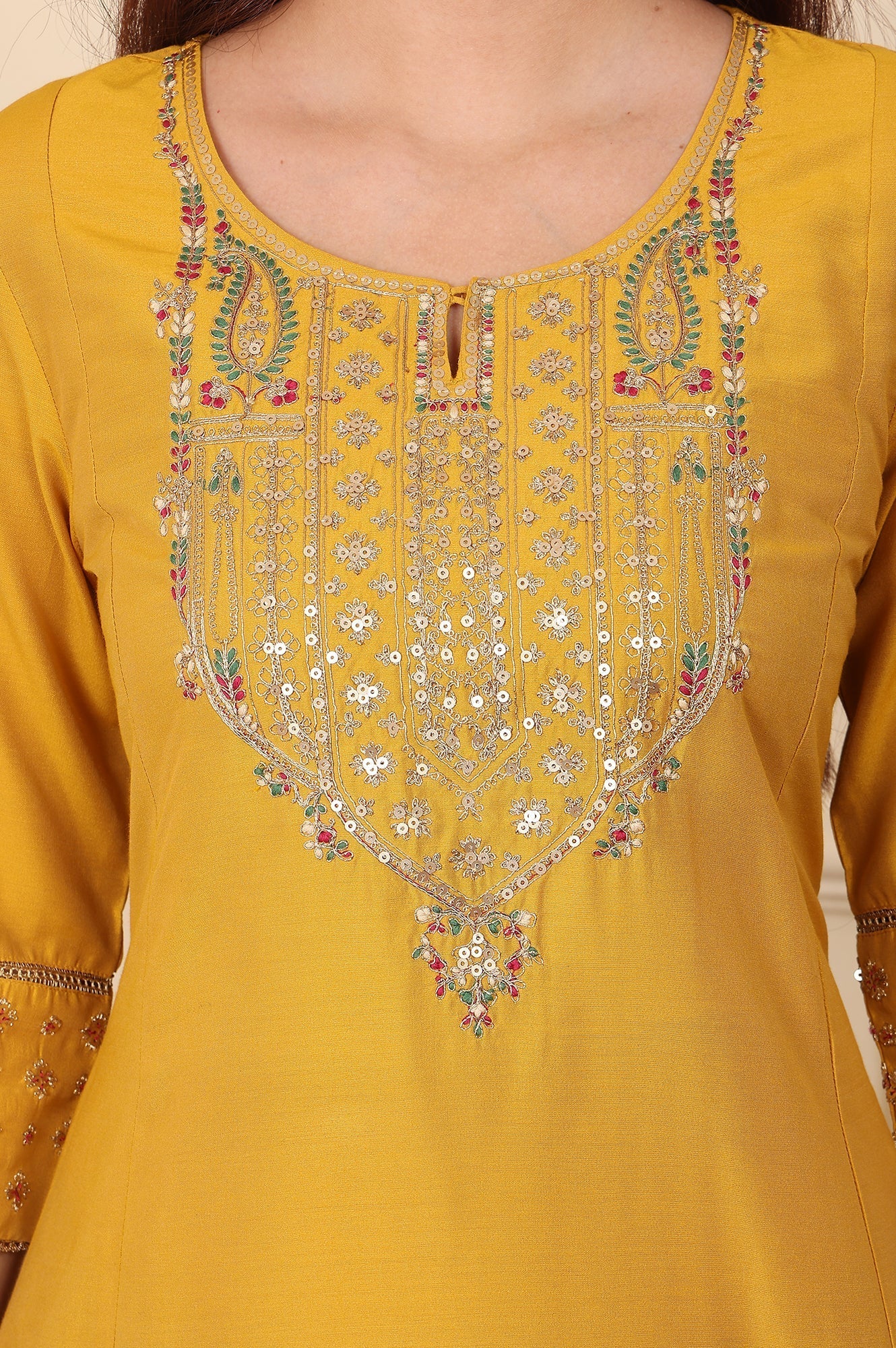 W for Woman Yellow Embroidered A-Line Rayon Kurta with Straight Pant and Dupatta Set