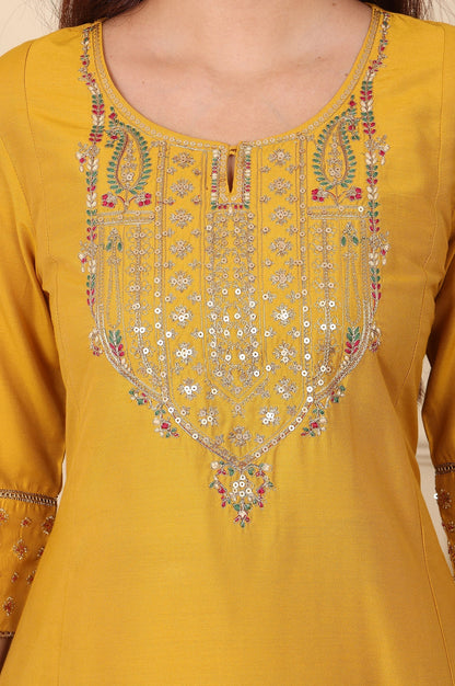 W for Woman Yellow Embroidered A-Line Rayon Kurta with Straight Pant and Dupatta Set