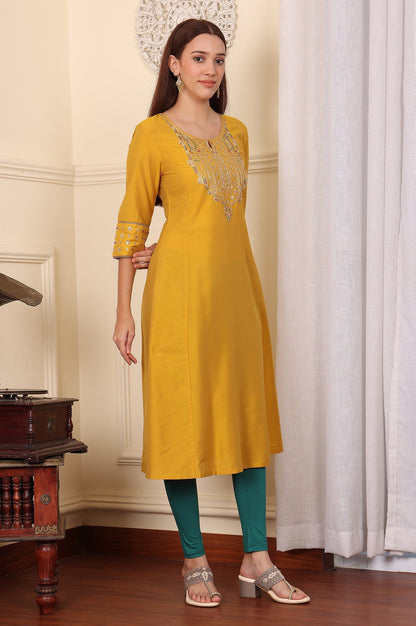 W for Woman Yellow Embroidered A-Line Rayon Kurta with Straight Pant and Dupatta Set