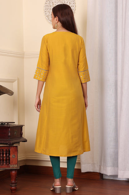 W for Woman Mustard Yellow Solid Flared Kurta With Embroidered Yoke
